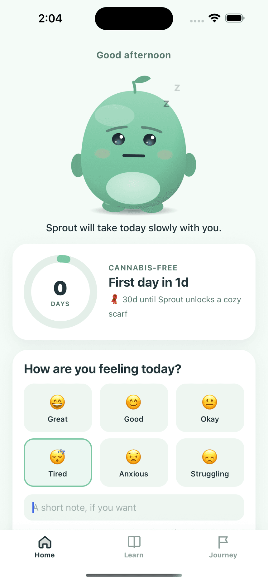 Soby home screen with the sprout buddy, days sober, and a feeling check-in
