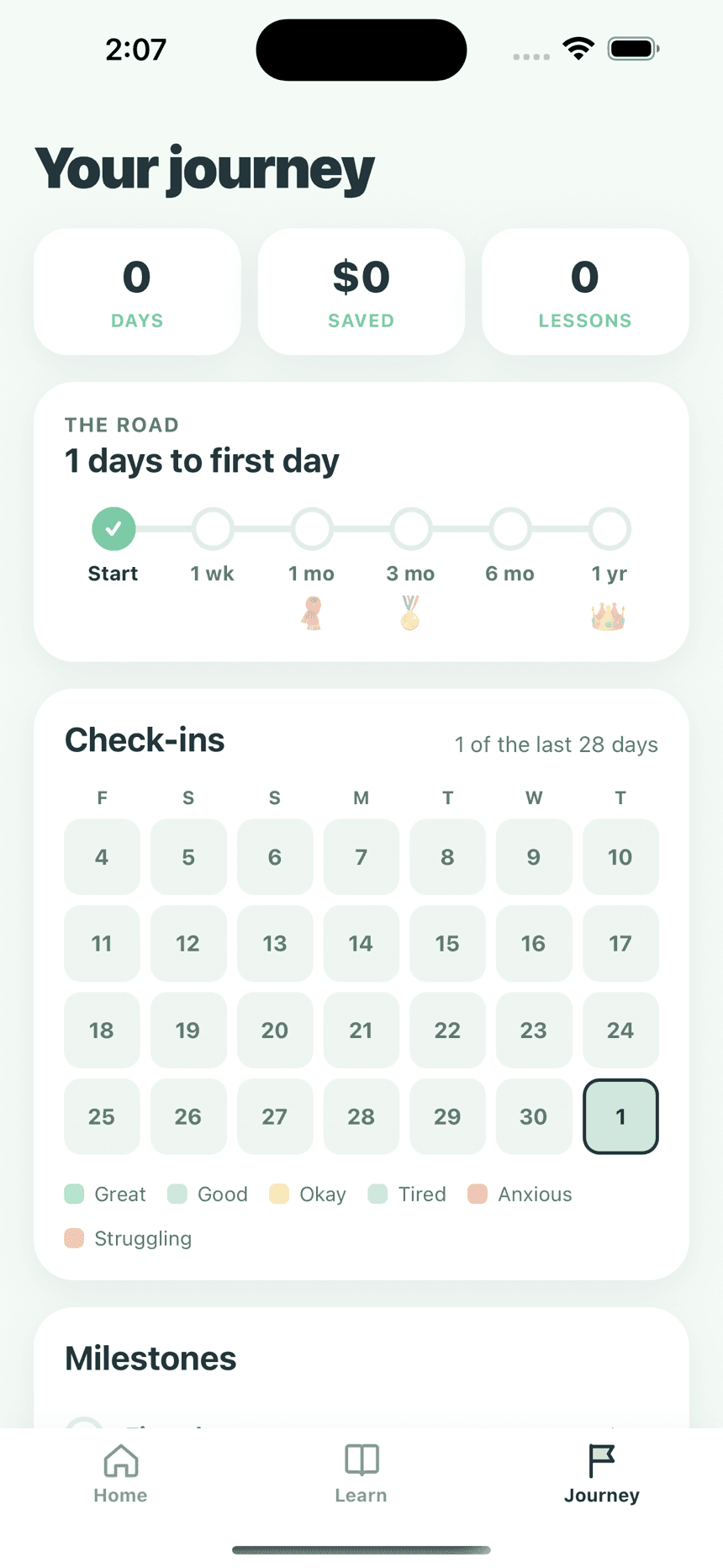 Soby Journey screen with days, money kept, a milestone road, and check-ins