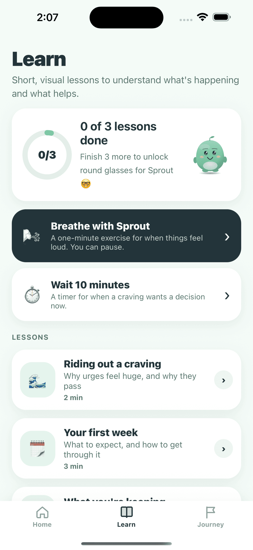 Soby Learn screen with short lessons, breathing, and a 10-minute timer