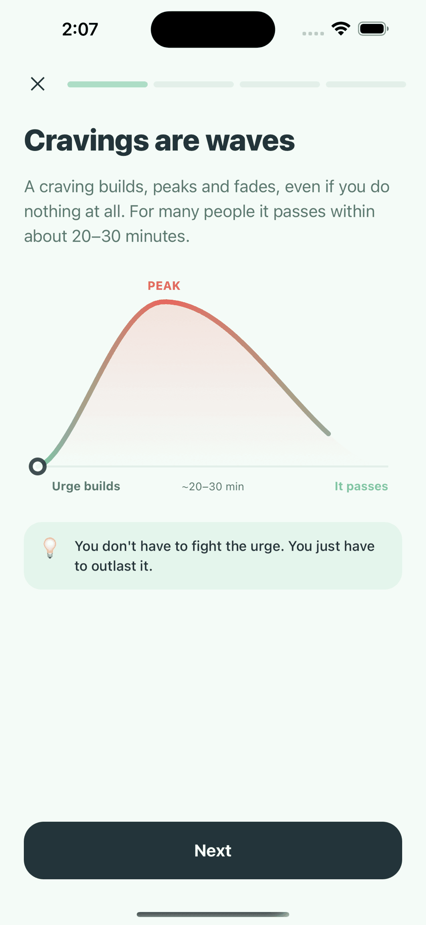 A Soby lesson page explaining that cravings rise and fall like a wave